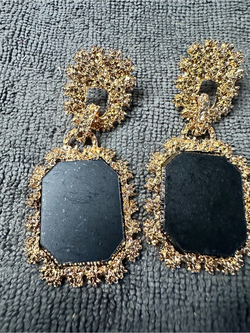 Gold-Tone Black Stone Statement Drop Earrings